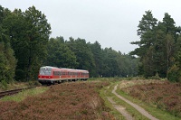 Weiter nördlich bei Handeloh passiert 614 057 am 22.09.2007 eine der wenigen Heideflächen direkt am Gleis der KBS 123.