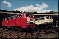 Bis zum Brand des Lokschuppens verbrachten die auf den Pegnitzstrecken eingesetzten Loks ihre Betriebspausen an der Drehscheibe im Bh Nürnberg West, so auch 217 014 und 016 am 05.08.1996, damals noch in Regensburg zu Hause.